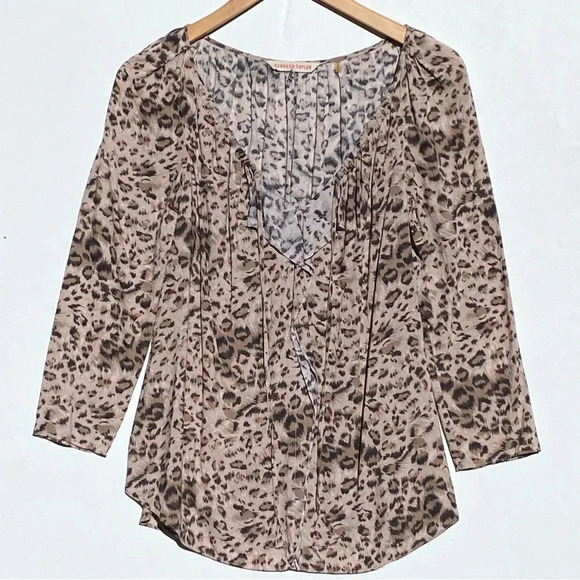 REBECCA TAYLOR Animal Print Boho Blouse 3/4 Sleeve Taupe Top size 4 - Picture 2 of 4